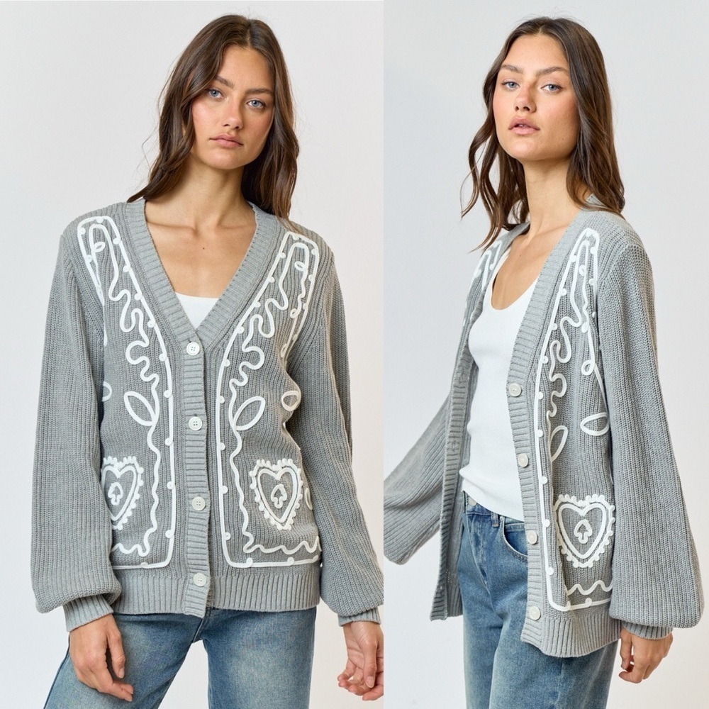 #186 New Embroidered Grey Cardigan Sweater - New Boutique Item SmMedium Large